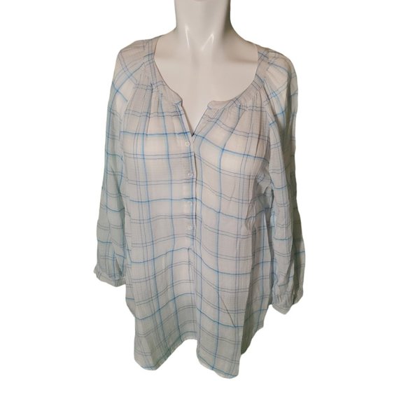 Joie Blue White Plaid Boho Gauzy Top Lightweight Peasant Top Button Tunic sz M - Picture 1 of 6